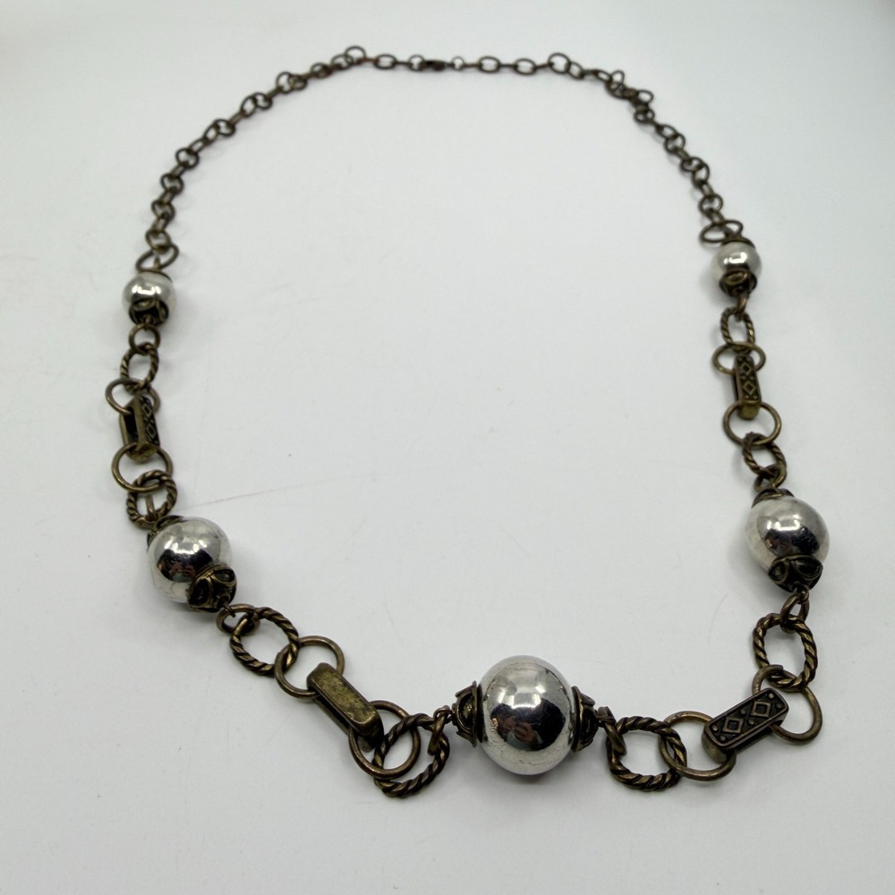 Boho Statement Mixed Metal Bead Link Necklace Gold & Silver Tone Accent Long - Picture 10 of 13
